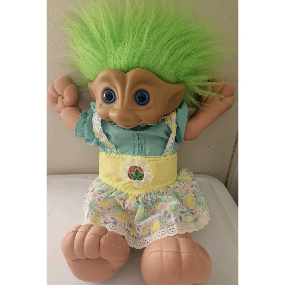 Trolls Doll Character with Bright Green Hair Wearing Floral Dress Star Jewel